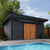 Prestige shed by Gorilla shown with gel stained fiberglass doors by pool
